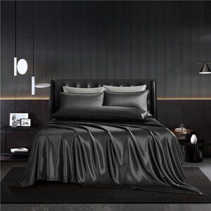 5Pcs Black Satin Sheets Set Full Size Sheets Black Silky Satin Sheets Comforter